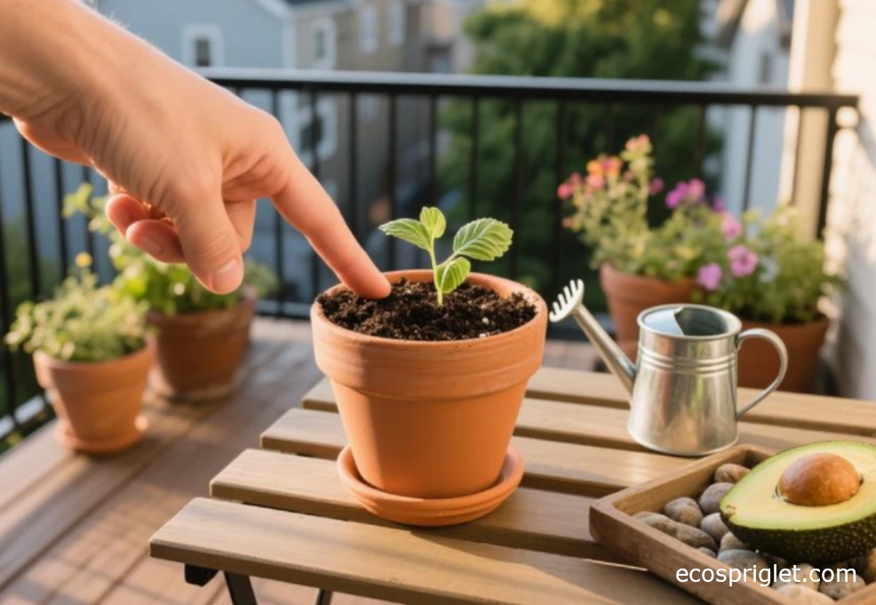 Checking top two inches of soil before watering; pebble tray underneath for humidity.