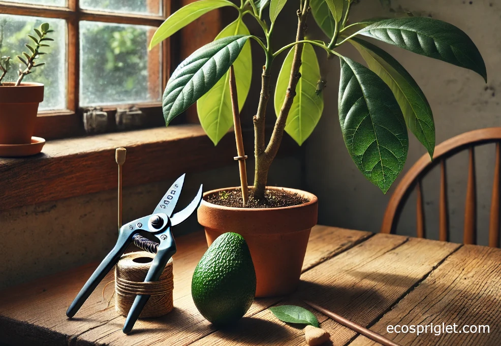 Pruning snips poised above a node to pinch the avocado tip for branching; stake and tie ready.