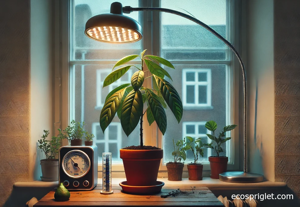 Winter setup: avocado set back from cold glass with LED lighting and a hygrometer nearby.