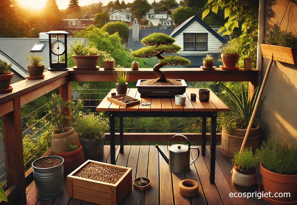 Indoor bonsai on a balcony table