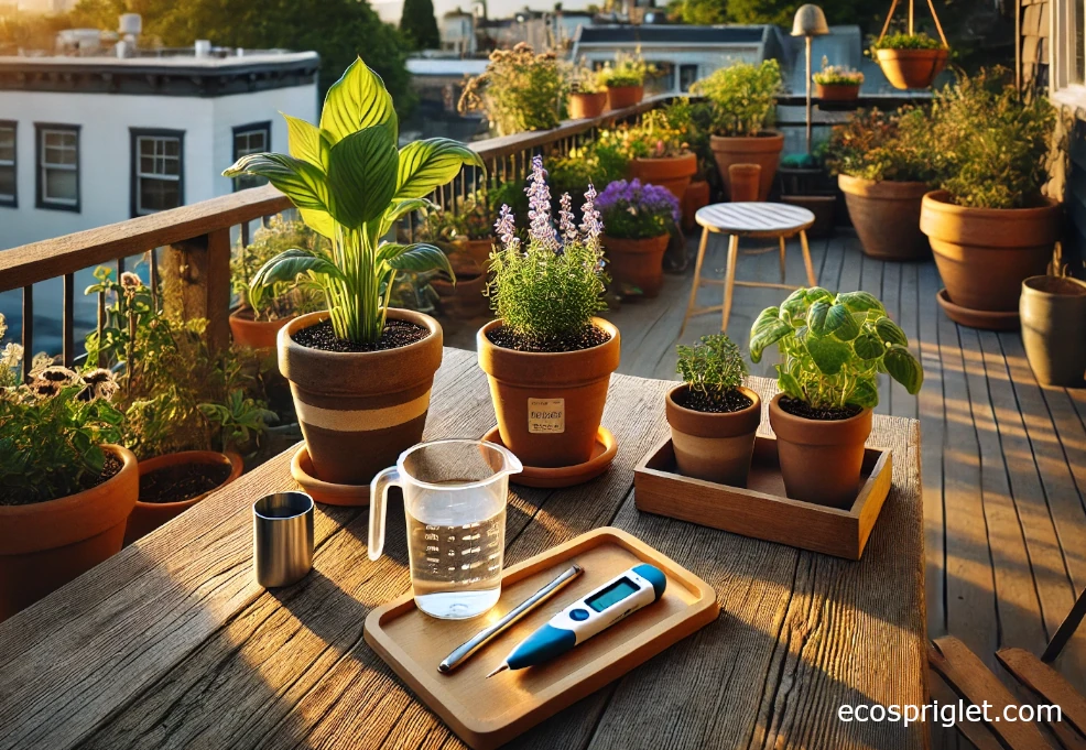 Indoor plants on a terrace table with measuring cup and tools for gentle DIY fertilizing.