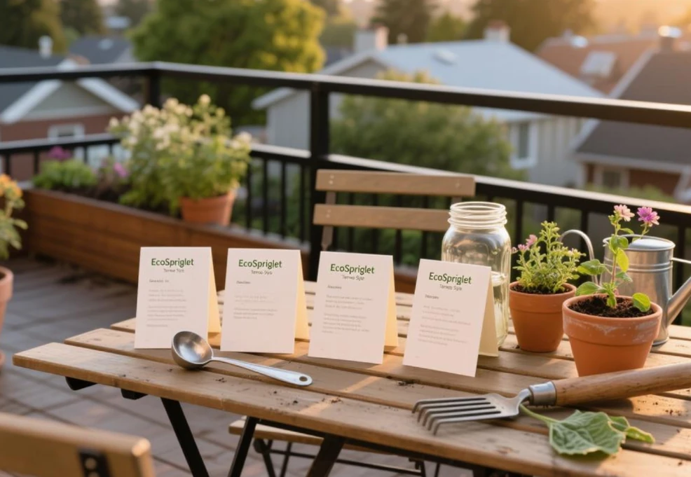 Overhead layout of DIY plant fertilizer recipe cards with tools.