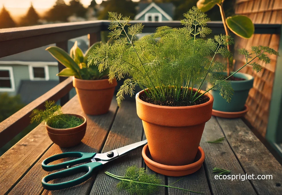 Trimming outer dill fronds above a leaf junction for continued growth.