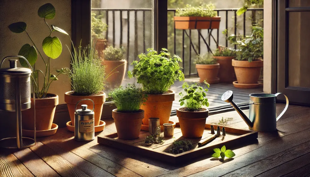 herb pots—parsley, chives, mint