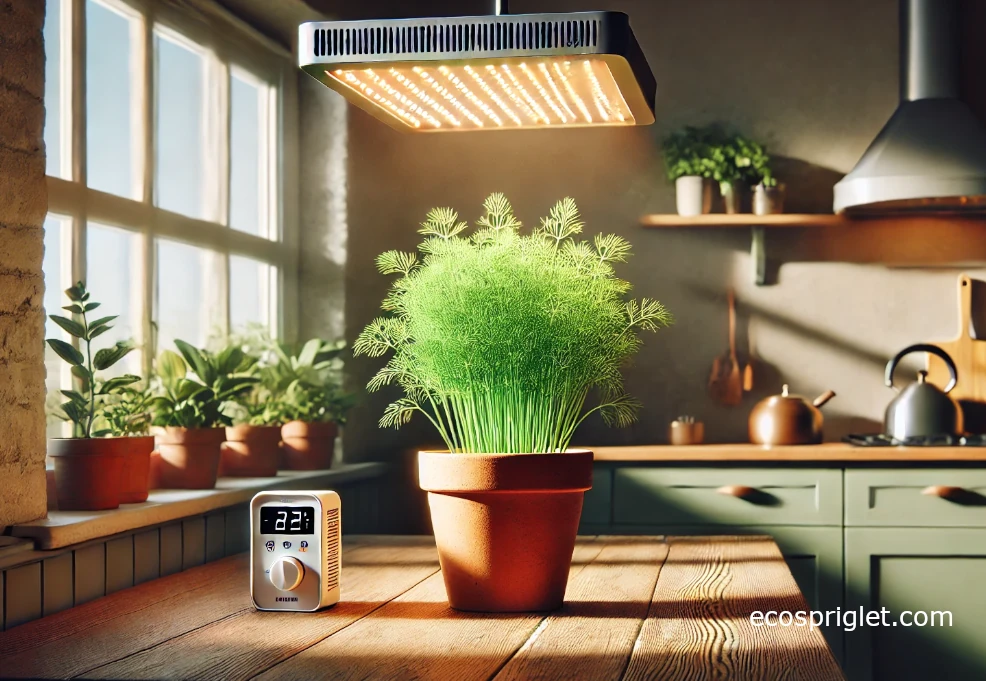 Indoor dill under an LED grow bar near a sunny window with a timer.