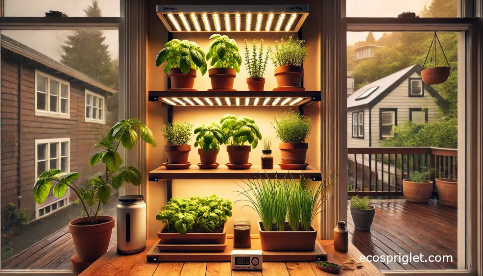 Indoor herb shelf with an LED bar above basil, parsley, and chives, showing proper light distance.