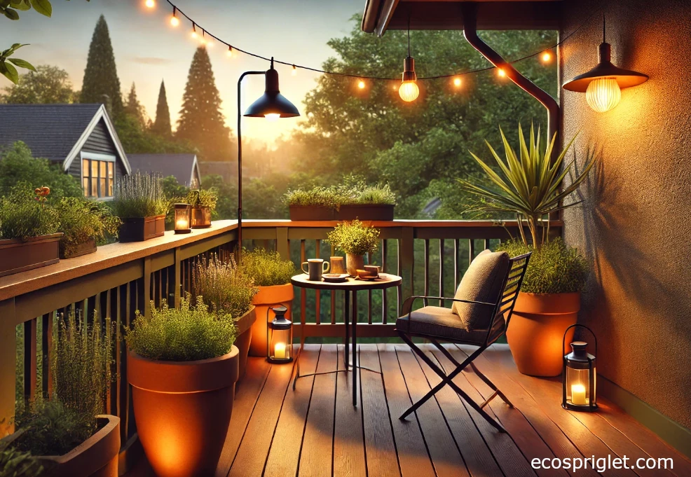 Layered patio lighting with string lights, task lamp, and solar lanterns.