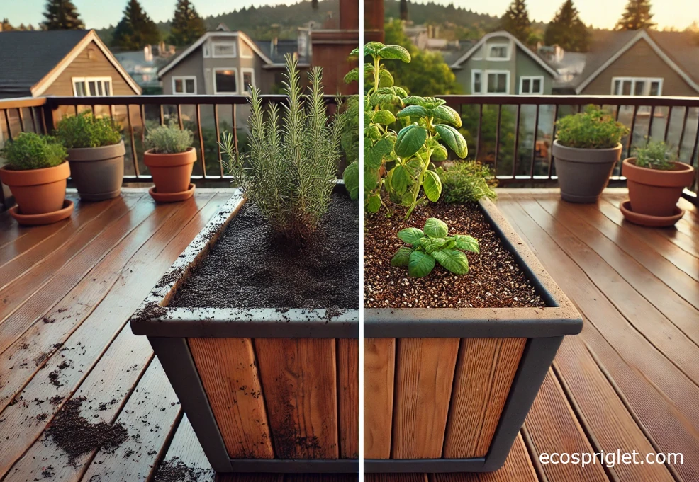 Side-by-side of overwatered vs. well-drained planter soil.