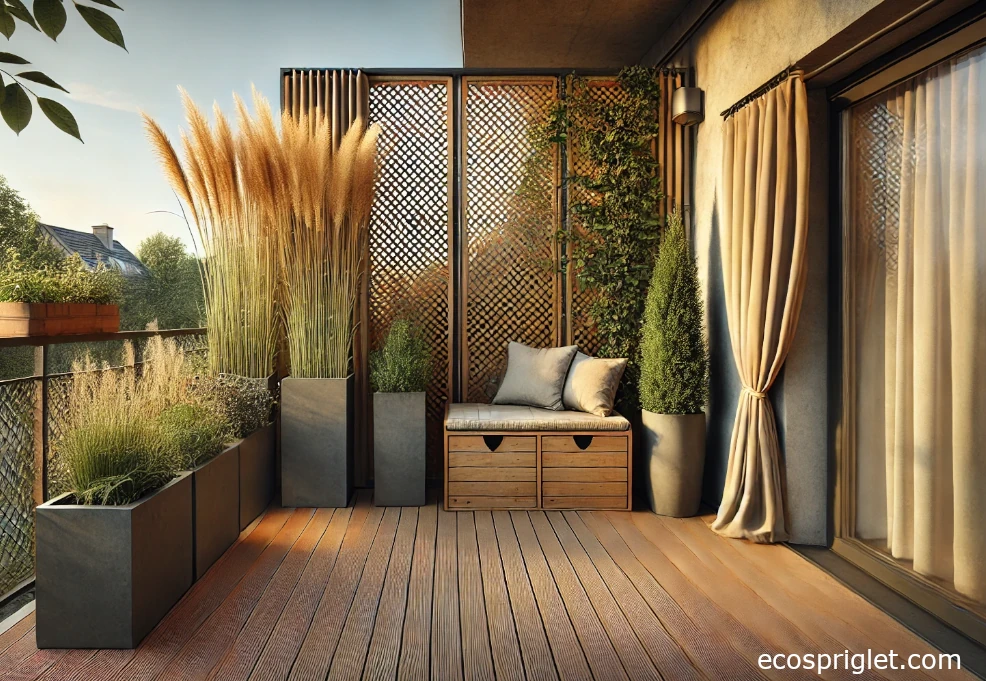 Renter-friendly patio privacy using screens, planters, and curtains.