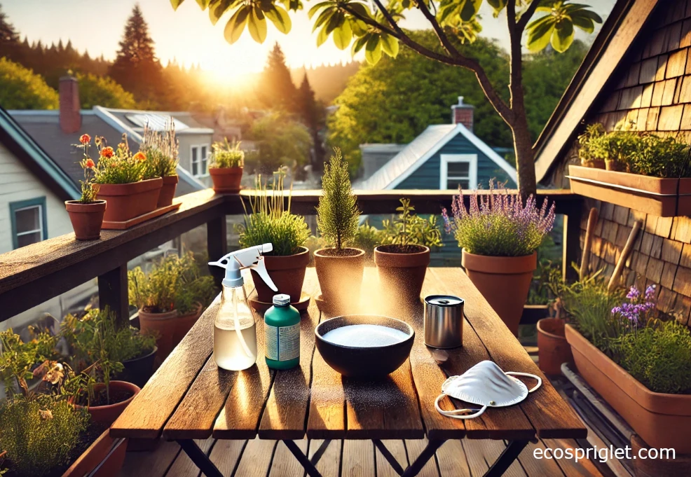 Spraying perlite to reduce dust with simple cleanup tools nearby.