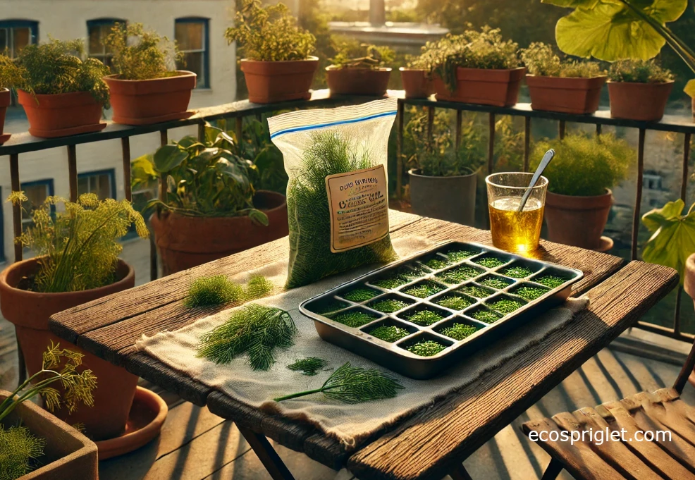 Chopped dill packed into oil-filled ice cube trays with a labeled freezer bag.