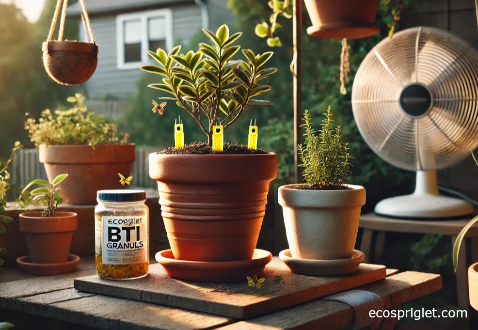 Yellow sticky traps and BTI beside potted houseplants for quick fungus gnat control.