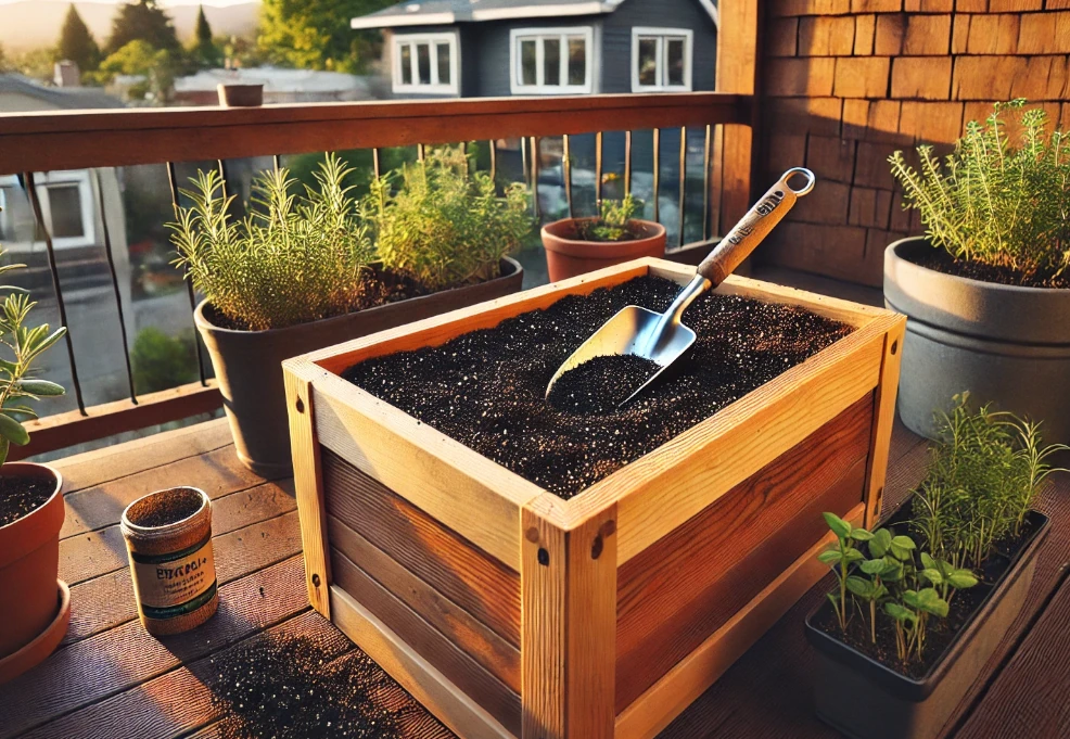 Filling a cedar planter with airy potting mix and herb seedlings.