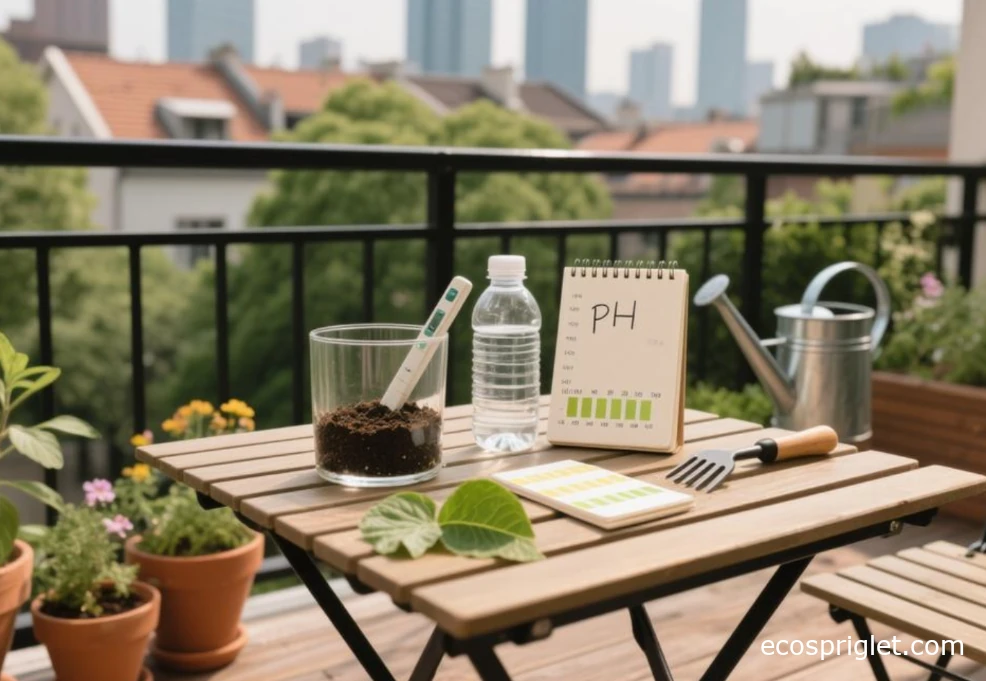 Soil slurry test with a pH meter and distilled water on balcony table.
