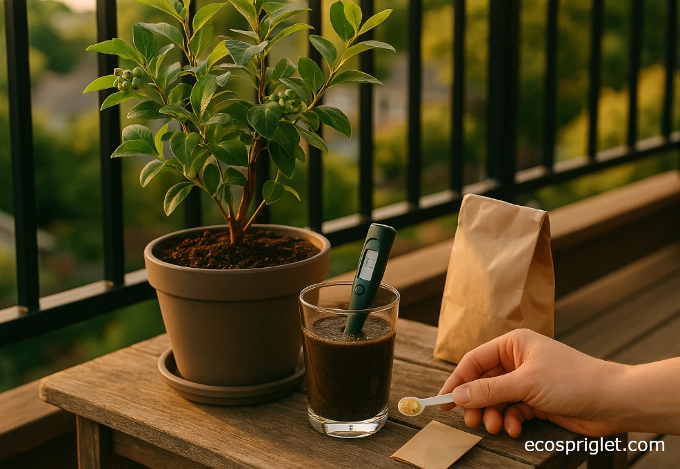 Adding a tiny dose of sulfur to a potted balcony blueberry.