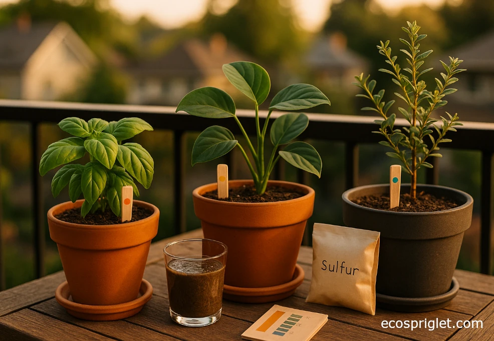 Three balcony plants grouped by preferred pH range.