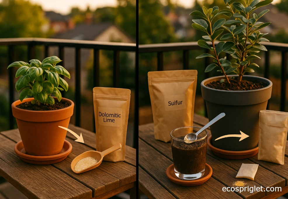 Side-by-side workflows for raising and lowering pH in container plants.