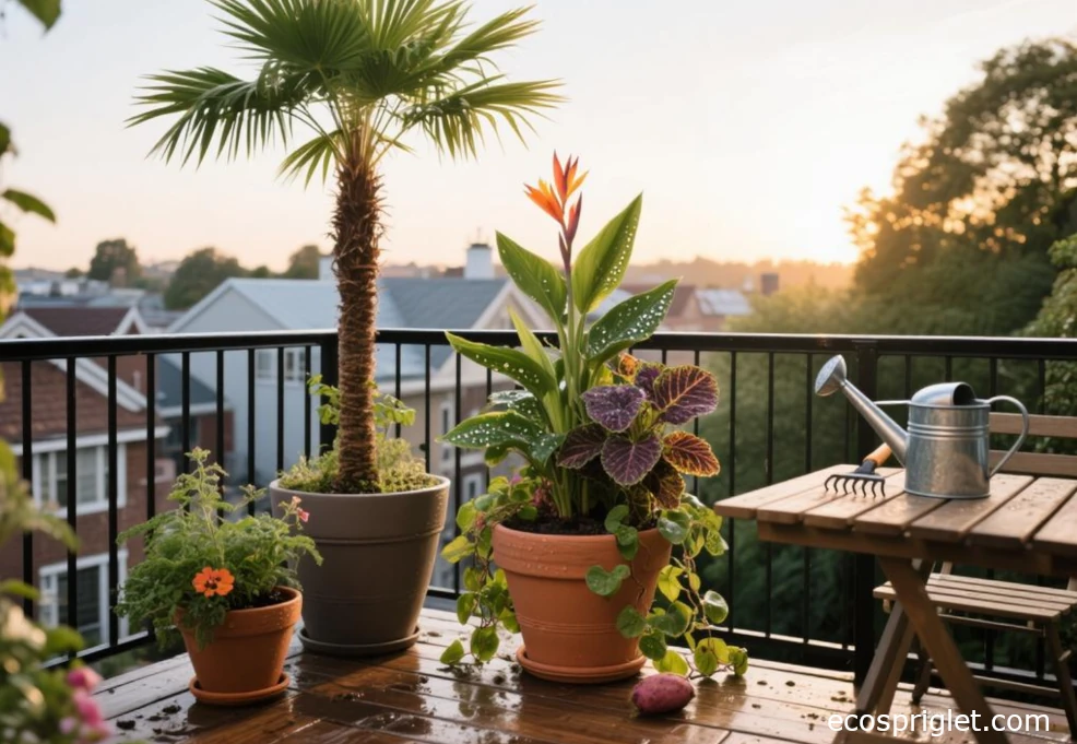 Tropical patio containers with palm