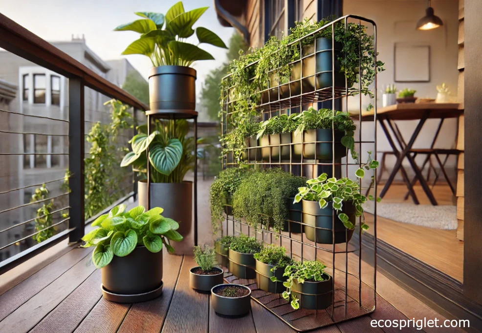 Vertical grid and railing planters with lightweight pots and saucers.