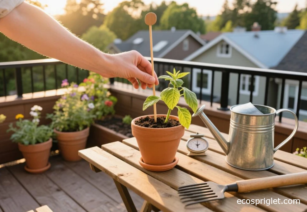 Using a wooden skewer to check moisture deeper in the pot.