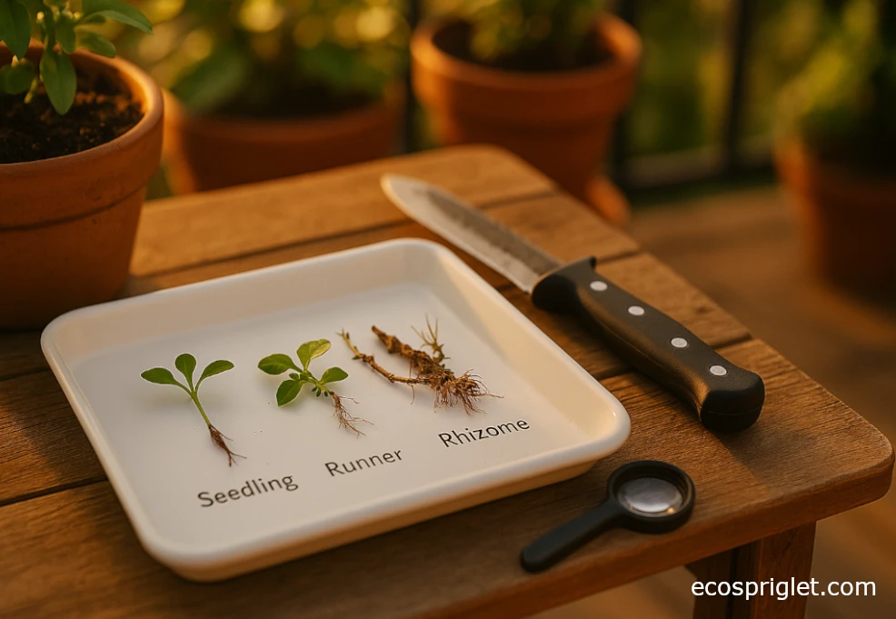 Close view comparing weed taproot, runner, and rhizome on a small balcony table.