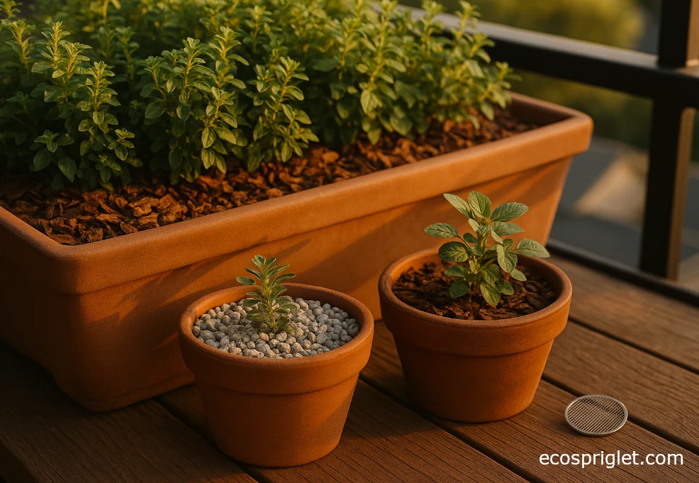 Dense planting with gravel and bark top dress to prevent weeds on a balcony.