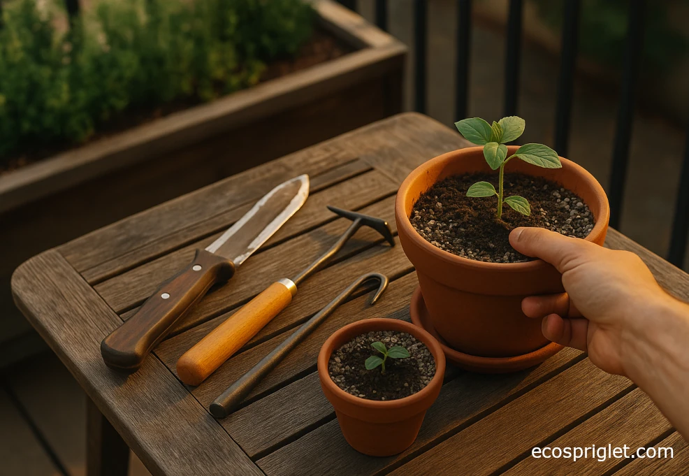 Balcony weeding tools and technique—grasping a seedling at the crown.