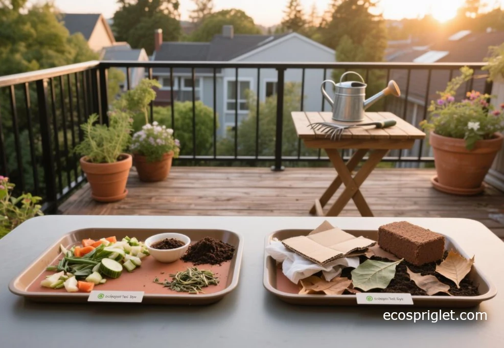 Greens vs. browns visual: chopped veggie scraps and coffee vs. shredded cardboard and dry leaves