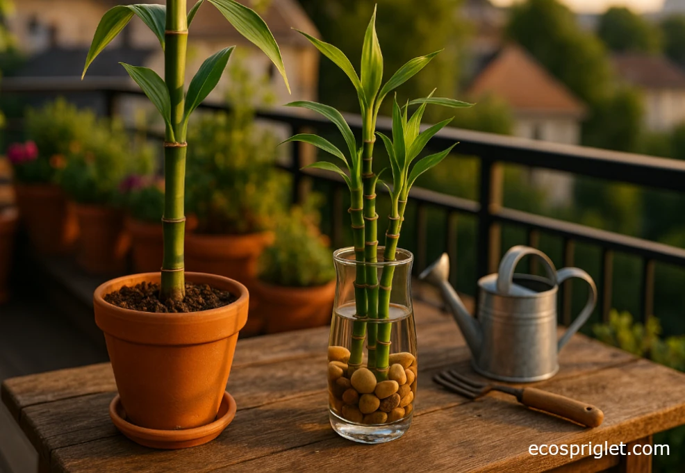 Bamboo house plant comparison: true bamboo in soil vs. lucky bamboo in a glass vase with pebbles.