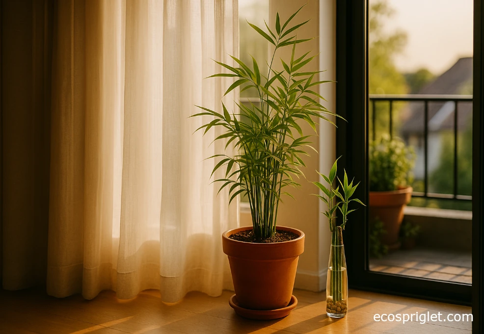 Bamboo pot near a bright window with a sheer curtain and small grow light.