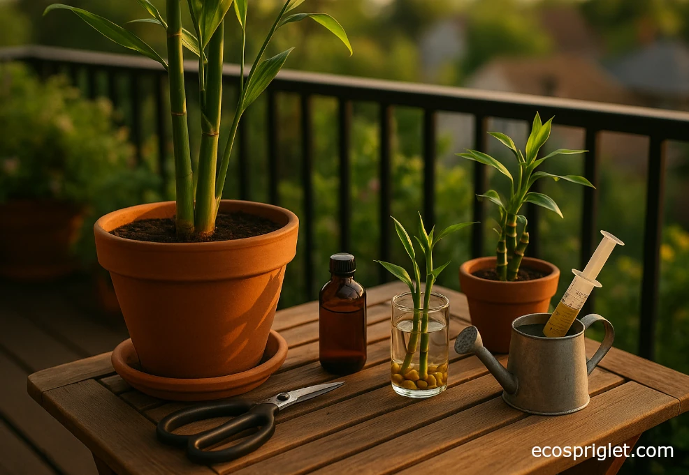 Pruning shears and dilute fertilizer beside a trimmed indoor bamboo.