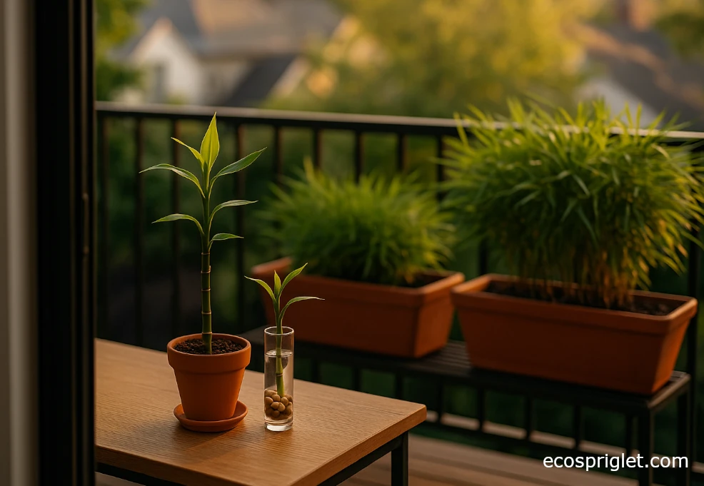 Slim lucky bamboo on a desk and a light bamboo privacy screen in terracotta troughs.