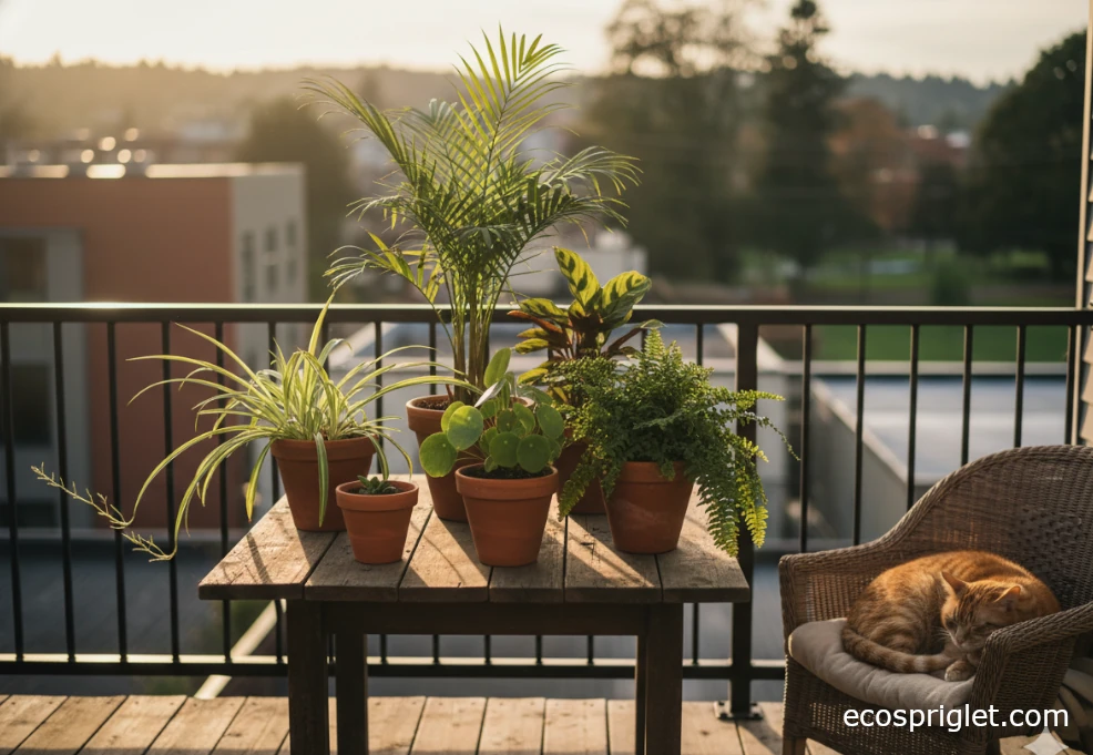 Cluster of common non-toxic houseplants grouped together in terracotta pots on a small terrace table.