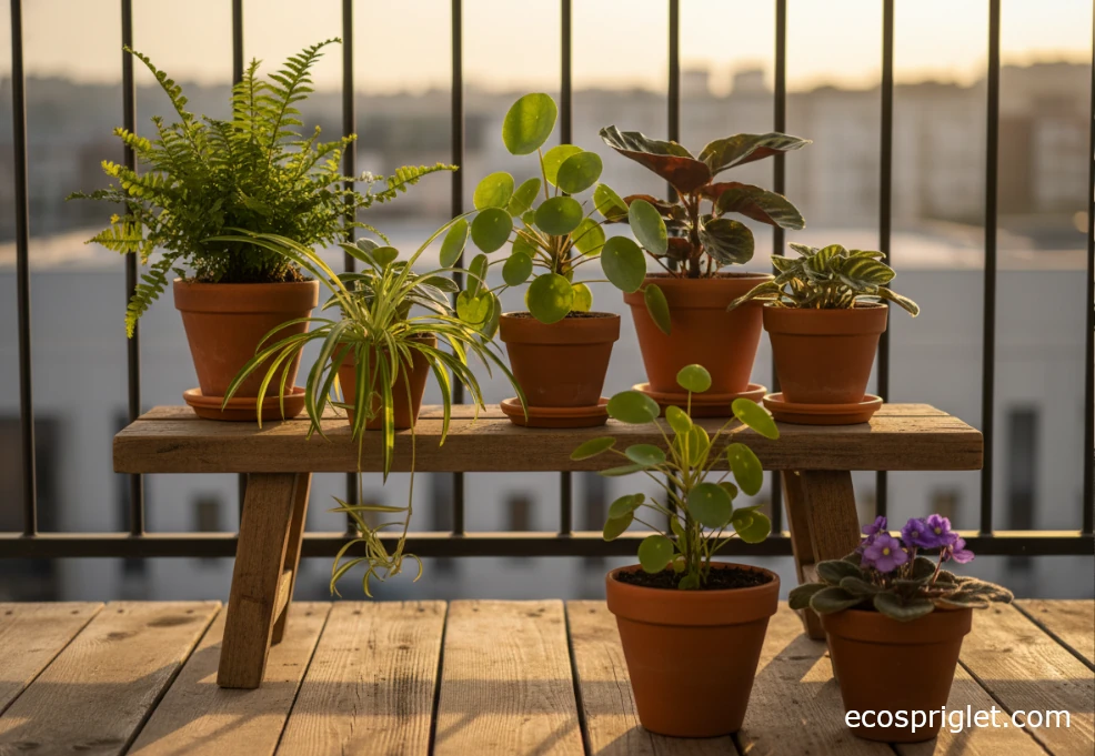 Beginner-friendly cat safe house plants displayed together in terracotta pots on a small terrace.