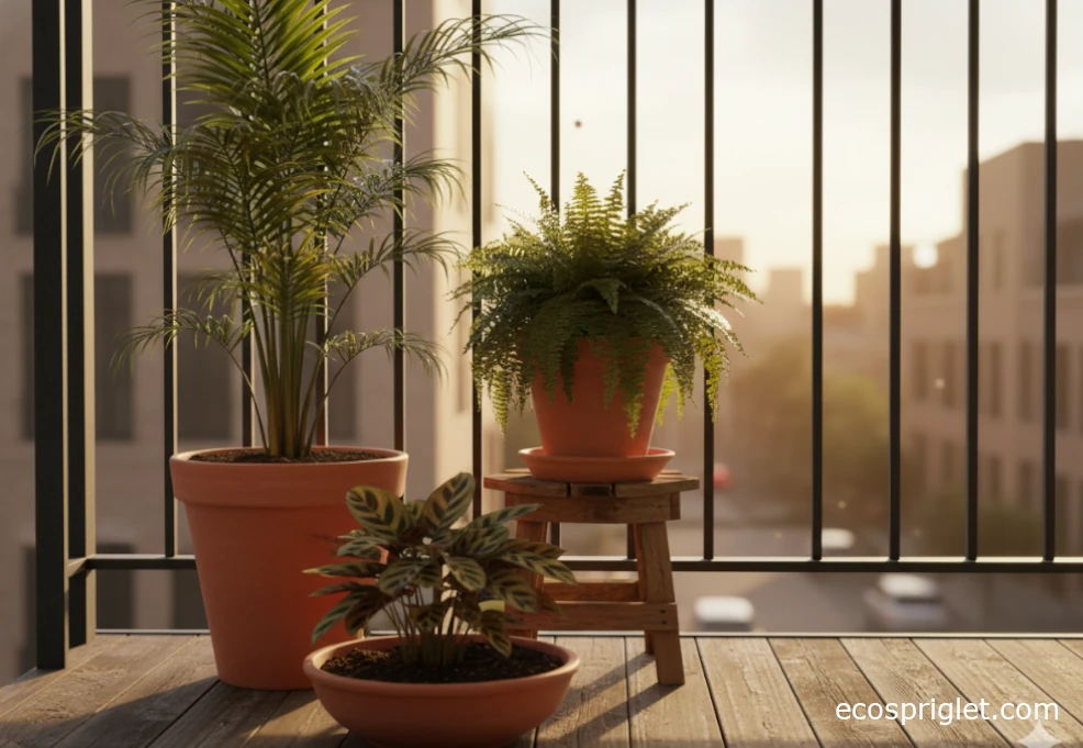Low-light corner featuring cat safe palms and ferns in terracotta pots.