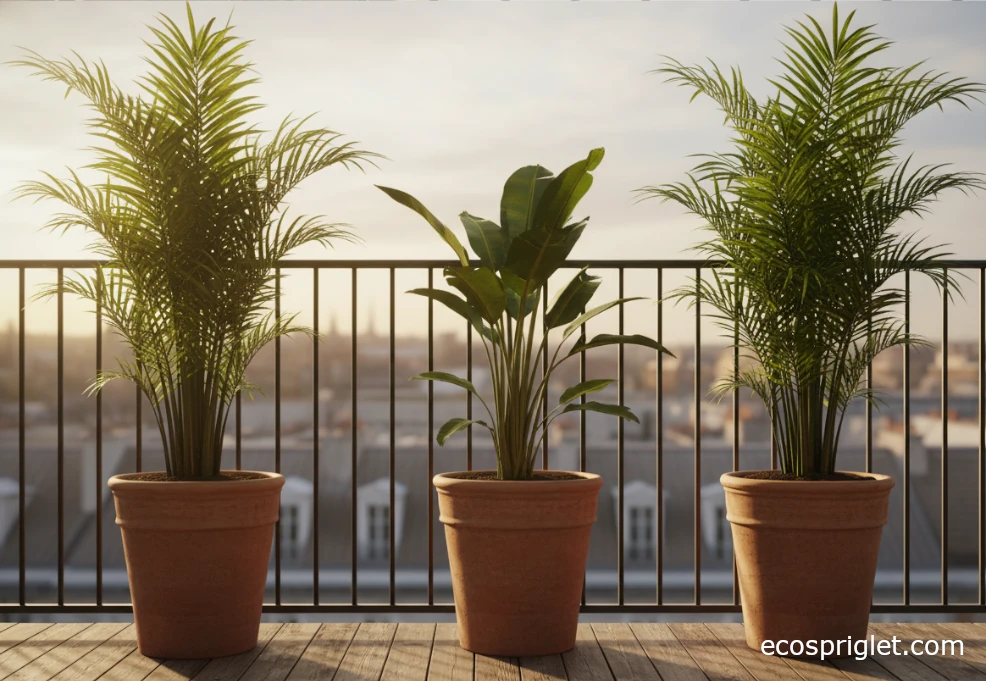 Large cat safe house plants like parlor palms and banana plant in big pots along a terrace railing.