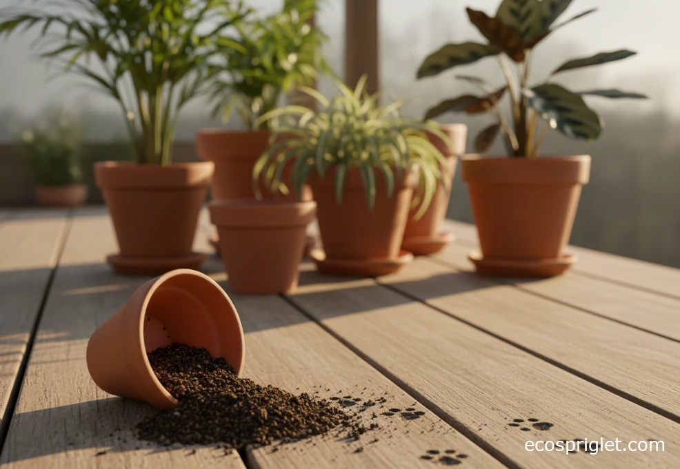 Knocked-over pot with spilled soil on a small terrace, suggesting a curious cat incident.