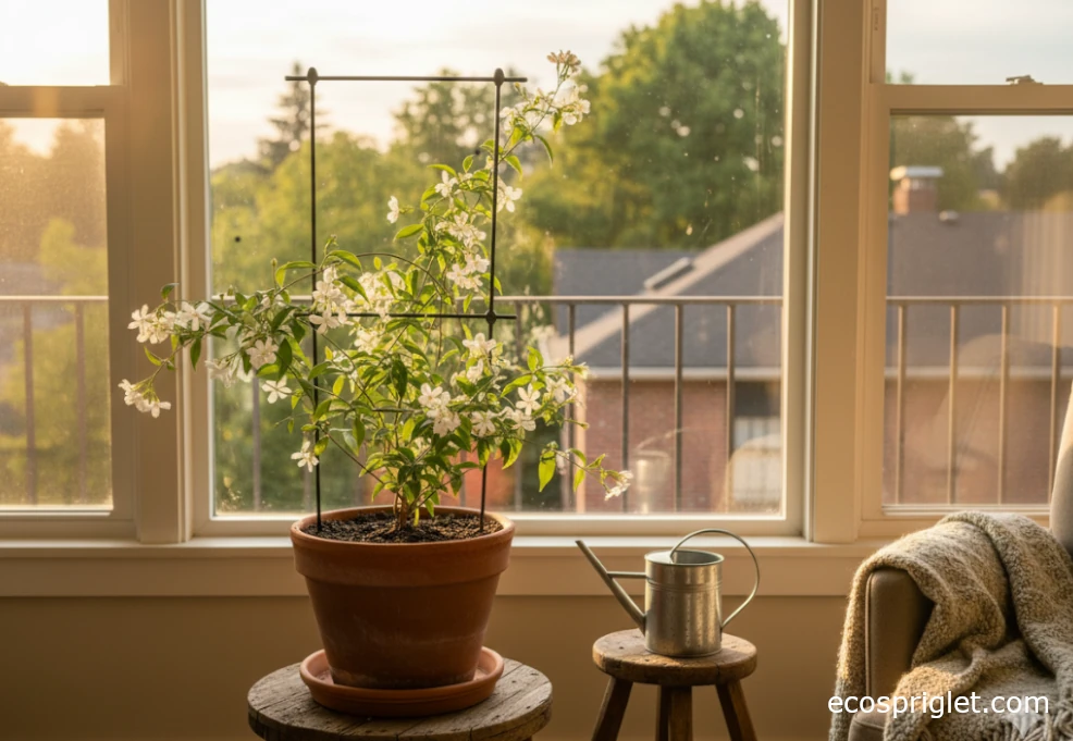 Potted jasmine vine twining around a small trellis beside a bright apartment window with rooftops in the background.