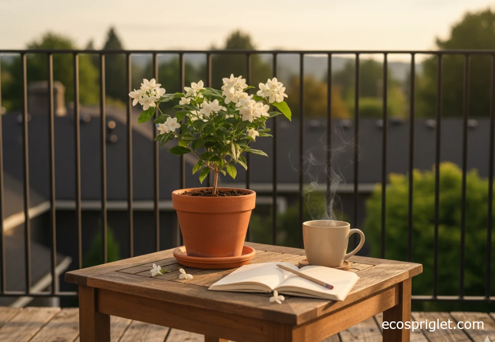 Jasmine plant on a small balcony table with a notebook and cup of tea in a cozy corner.