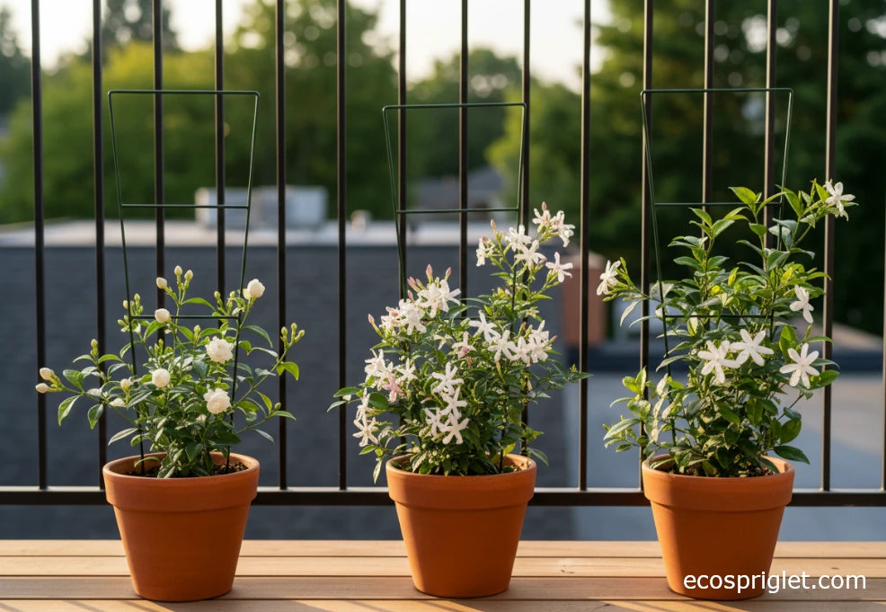 Several jasmine varieties in terracotta pots