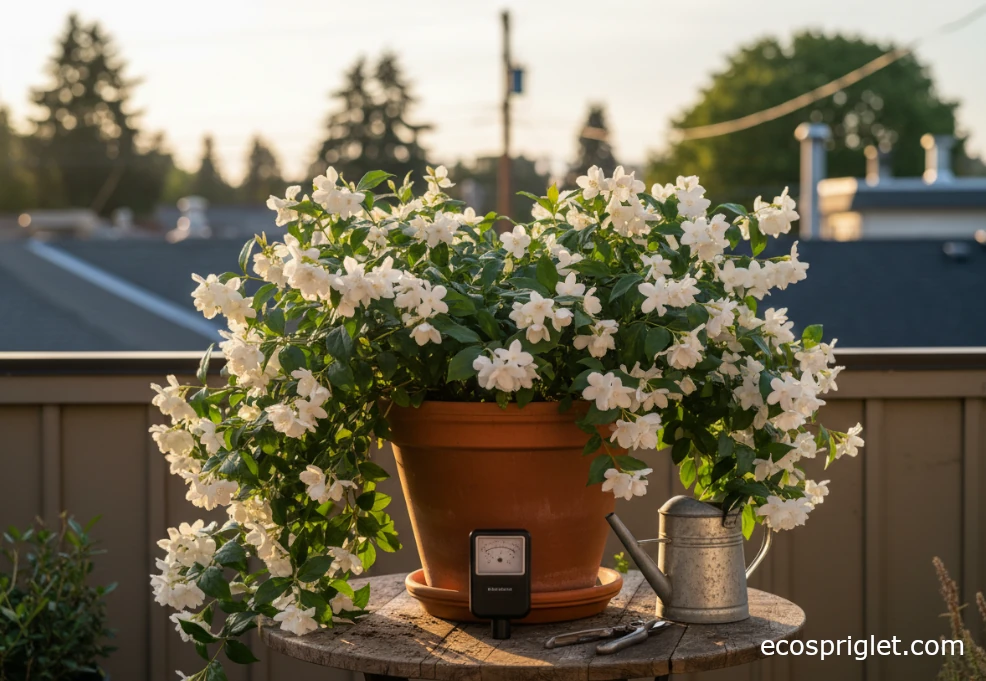 Indoor jasmine in bloom on a small table with a watering can, moisture meter, and pruning shears nearby.