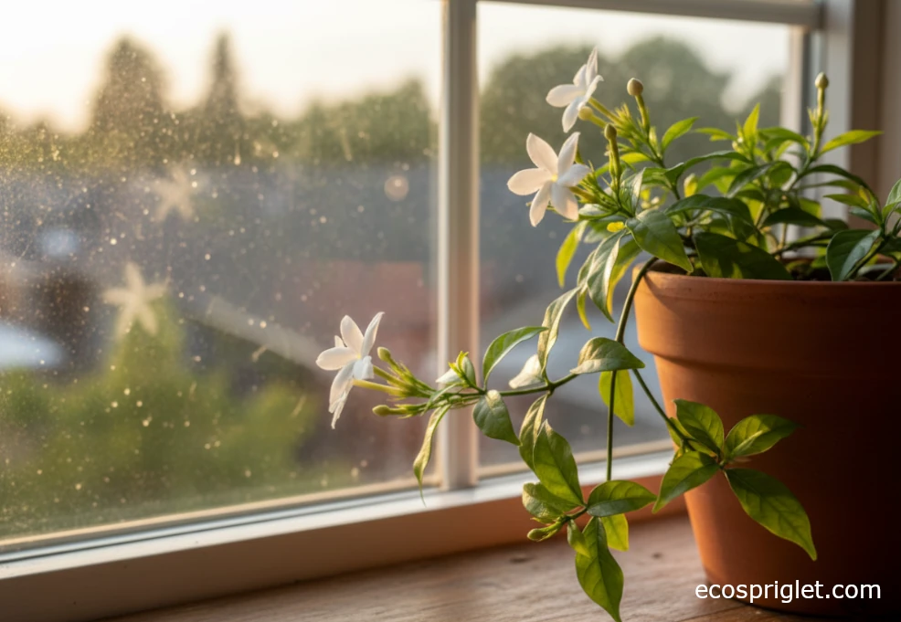 Close-up of jasmine flower buds and open blooms on a vine near a cool, bright window.