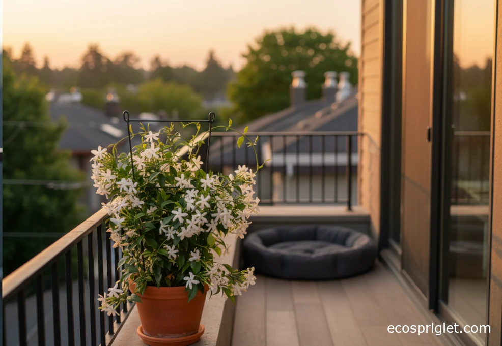 Star jasmine vine in a pot on a low balcony ledge