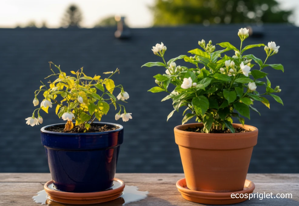 Unhealthy jasmine in a waterlogged decorative pot next to a healthy jasmine in a terracotta pot.