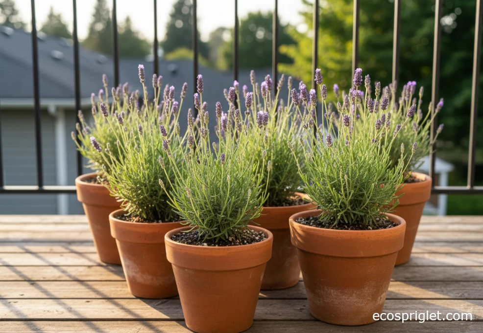 Several lavender plants in terracotta pots on a small wooden balcony with city rooftops behind them.