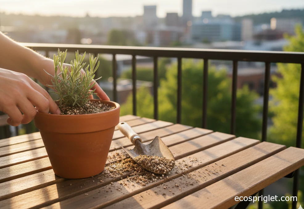 A terracotta pot being filled with gritty potting mix around a small lavender plant on a balcony table.