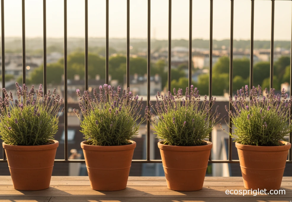 Lavender pots along a sunny balcony railing