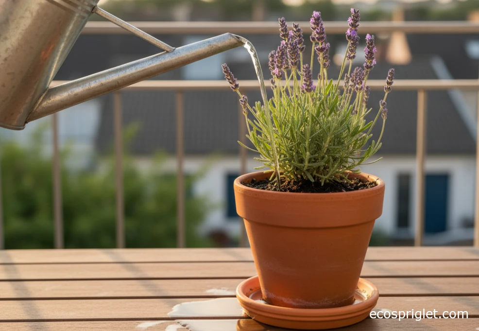 A metal watering can gently watering a lavender pot