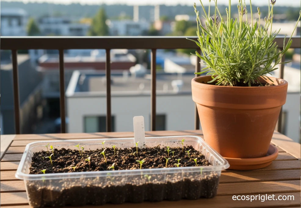 A tray of tiny lavender seedlings next to a larger potted lavender plant on a sunny balcony.