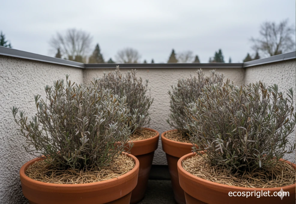 Lavender pots grouped against a sheltered wall with light mulch around their bases in late autumn.